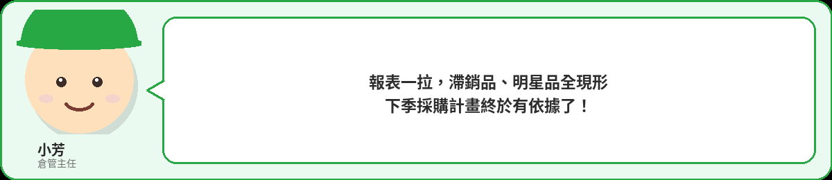 小芳:報表一拉,滯銷品、明星品全現形,下季採購計畫終於有依據了!