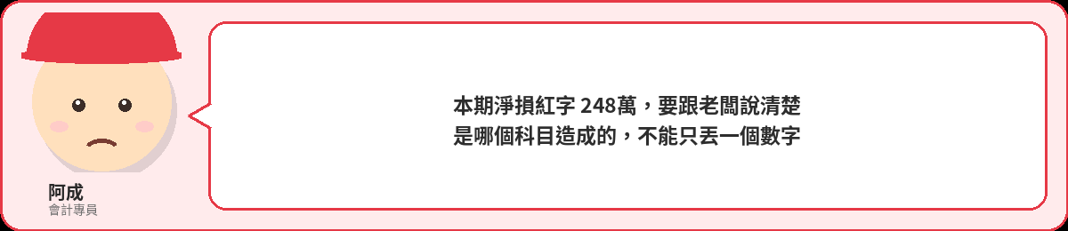 阿成:本期淨損紅字248萬,要跟老闆說清楚是哪個科目造成的,不能只丟一個數字