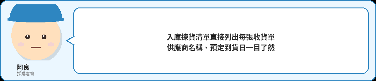 阿良:入庫揀貨清單直接列出每張收貨單,供應商名稱、預定到貨日一目了然