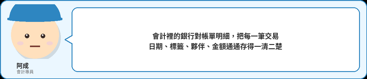 阿成：會計裡的銀行對帳單明細，把每一筆交易日期、標籤、夥伴、金額通通存得一清二楚