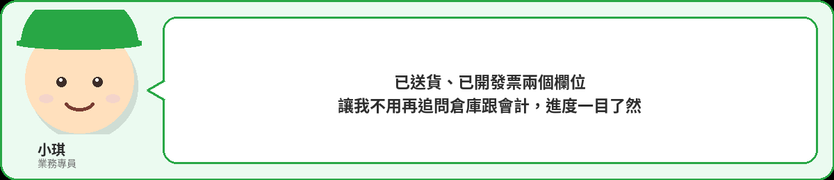 小琪:已送貨、已開發票兩個欄位讓我不用再追問倉庫跟會計,進度一目了然