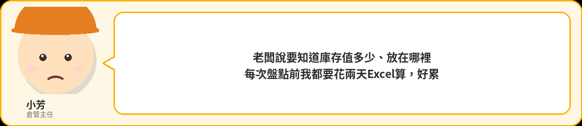 小芳：老闆說要知道庫存值多少、放在哪裡，每次盤點前我都要花兩天Excel算，好累